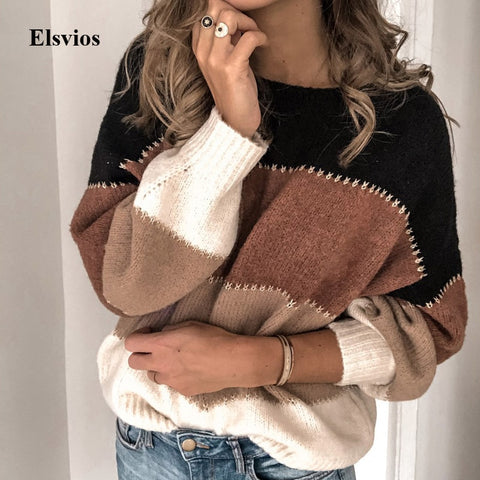 Elsvios Autumn Women Long Sleeve Sweater Winter Warm O Neck Pullover Tops Casual Patchwork Knitted Sweater Jumper Pull Femme 3XL