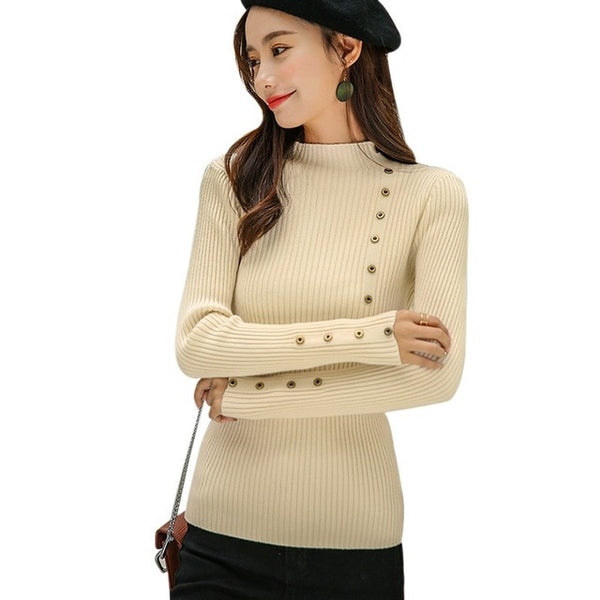 Women Elegant New Style Fashion Design Neck Long Sleeve Knit Sweater Turtleneck Sweater Bottoming Shirt Slim Long-Sleeved