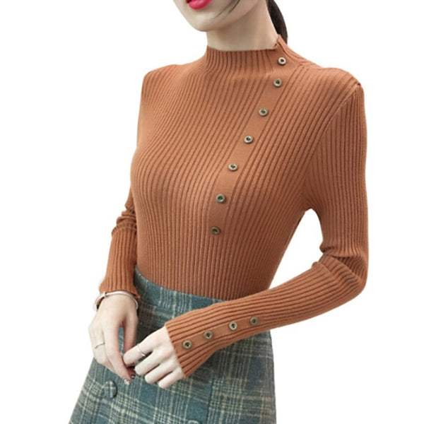 Women Elegant New Style Fashion Design Neck Long Sleeve Knit Sweater Turtleneck Sweater Bottoming Shirt Slim Long-Sleeved