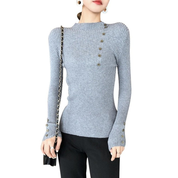 Women Elegant New Style Fashion Design Neck Long Sleeve Knit Sweater Turtleneck Sweater Bottoming Shirt Slim Long-Sleeved