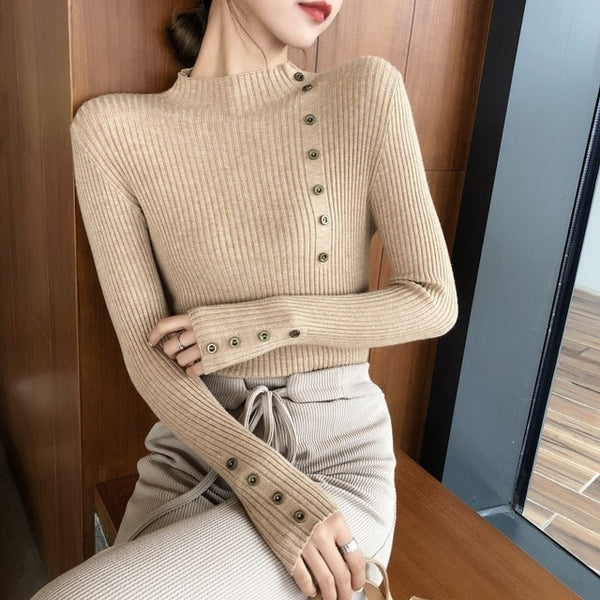 Women Elegant New Style Fashion Design Neck Long Sleeve Knit Sweater Turtleneck Sweater Bottoming Shirt Slim Long-Sleeved