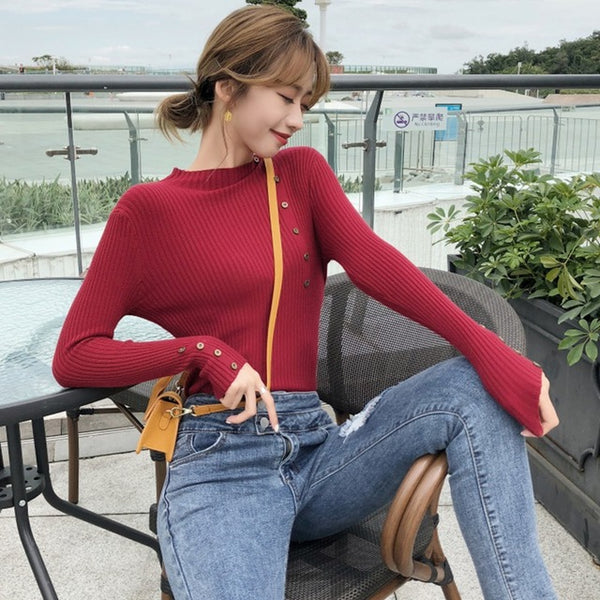 Women Elegant New Style Fashion Design Neck Long Sleeve Knit Sweater Turtleneck Sweater Bottoming Shirt Slim Long-Sleeved