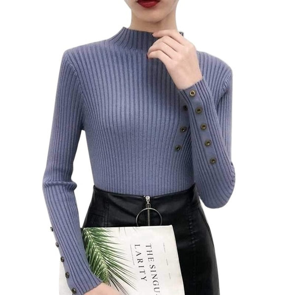 Women Elegant New Style Fashion Design Neck Long Sleeve Knit Sweater Turtleneck Sweater Bottoming Shirt Slim Long-Sleeved
