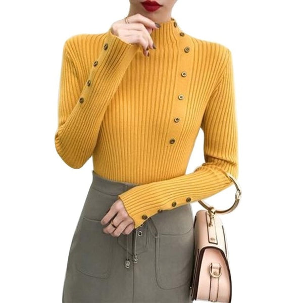 Women Elegant New Style Fashion Design Neck Long Sleeve Knit Sweater Turtleneck Sweater Bottoming Shirt Slim Long-Sleeved