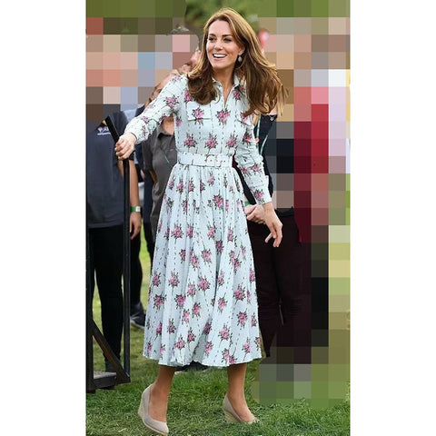 Princess Kate Middleton Dress 2019 Women Turn-Down Collar Long Sleeve Printed Sashes Elegant Dresses Work Wear Clothes  NP0812C
