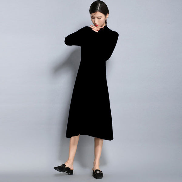 Women Sweater Dress Autumn Winter Cashmere Blending Half Turtleneck Casual Long Loose Soft Femme Dresses Vestidos