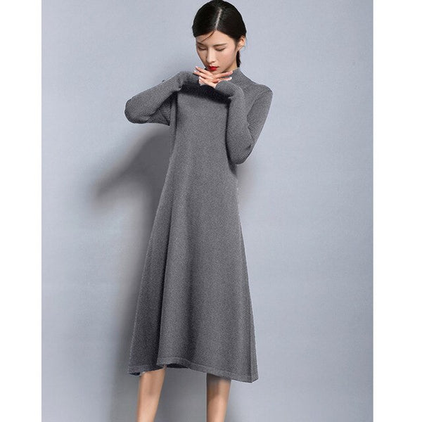 Women Sweater Dress Autumn Winter Cashmere Blending Half Turtleneck Casual Long Loose Soft Femme Dresses Vestidos