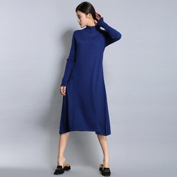 Women Sweater Dress Autumn Winter Cashmere Blending Half Turtleneck Casual Long Loose Soft Femme Dresses Vestidos