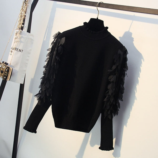 Spring Autumn Loose Jumper Fashion Flowers Sleeves Sweater and Pullover Femme Pull Ruffled Collar Knitted Women Sweater