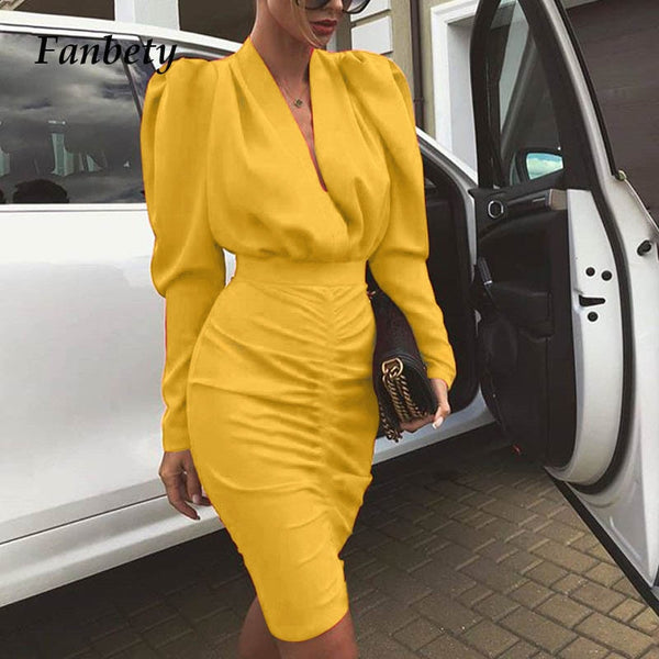 Fanbety Office Lady Autumn Pleated bodycon Dress Women Puff Long Sleeve Slim Club Party Dress Elegant Sexy V-neck workwear dress