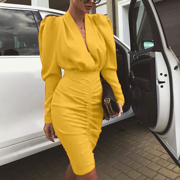 Fanbety Office Lady Autumn Pleated bodycon Dress Women Puff Long Sleeve Slim Club Party Dress Elegant Sexy V-neck workwear dress
