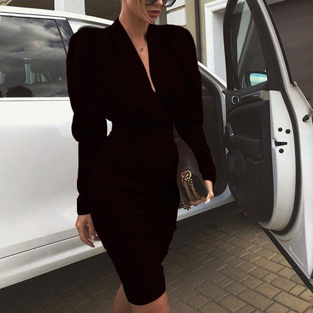 Fanbety Office Lady Autumn Pleated bodycon Dress Women Puff Long Sleeve Slim Club Party Dress Elegant Sexy V-neck workwear dress