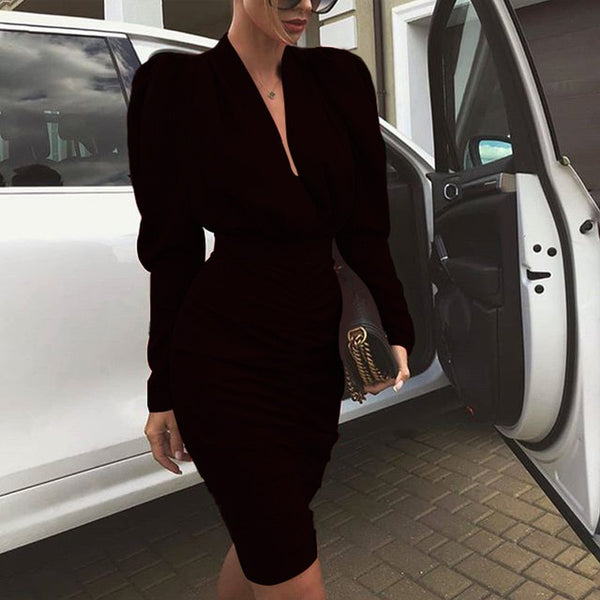 Fanbety Office Lady Autumn Pleated bodycon Dress Women Puff Long Sleeve Slim Club Party Dress Elegant Sexy V-neck workwear dress