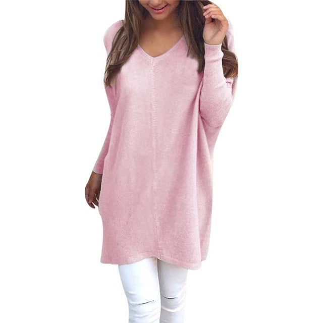 Fashion Sweater Women V Neck Long Sleeve Tunic Pullover Sweaters Casual Loose Knitted Sweater Solid Color Women's Sweater свитер