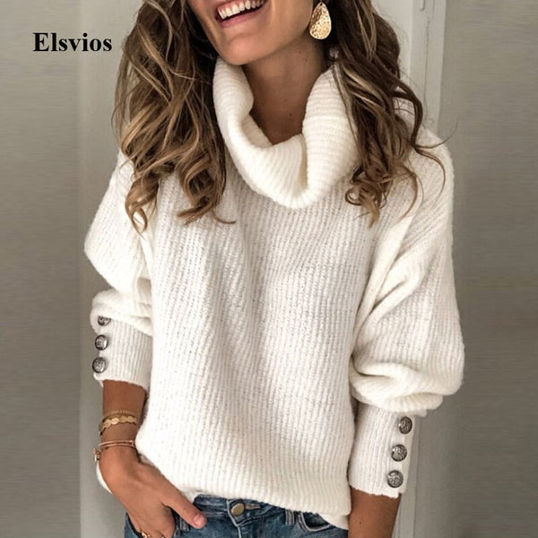 Casual Turtleneck Warm Knitted Sweater Autumn Winter Long Sleeve Pullover Tops Elegant Women Rivet Button Jumper Pull Femme 5XL