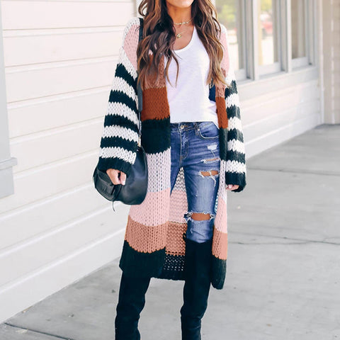 Women Striped Long Cardigans Autumn Winter Knitted Sweaters Casual Sweater Coats Fashion Oversized Patchwork Cardigan Sweaters