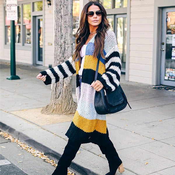 Women Striped Long Cardigans Autumn Winter Knitted Sweaters Casual Sweater Coats Fashion Oversized Patchwork Cardigan Sweaters