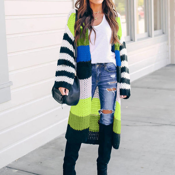 Women Striped Long Cardigans Autumn Winter Knitted Sweaters Casual Sweater Coats Fashion Oversized Patchwork Cardigan Sweaters