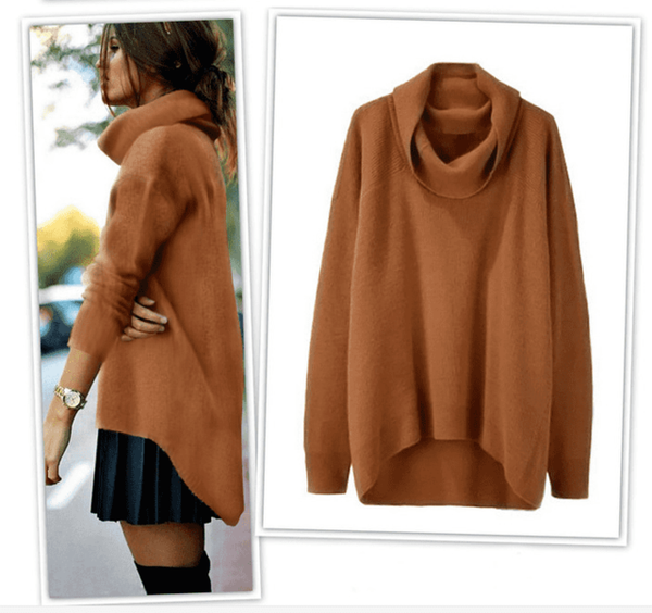 WOMEN'S Autumn And Winter Sweater Turtleneck Fashion High Collar Irregular Top Over Size Loose-fit Knitted Over-the-knee Sweater