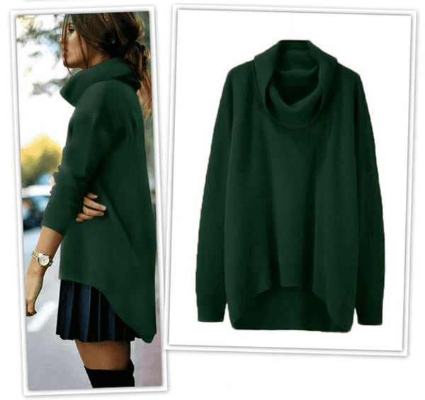 WOMEN'S Autumn And Winter Sweater Turtleneck Fashion High Collar Irregular Top Over Size Loose-fit Knitted Over-the-knee Sweater