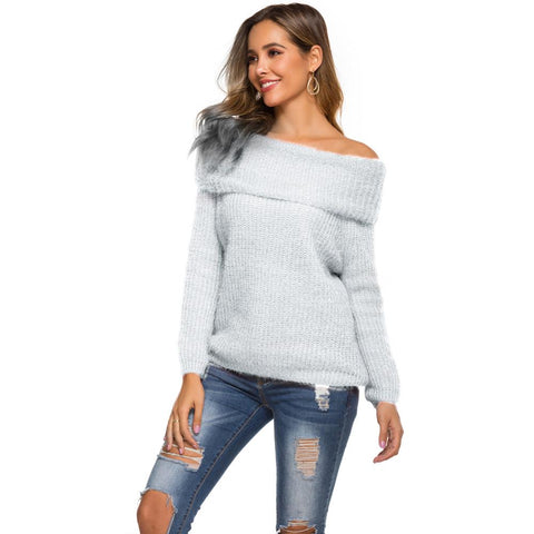 2020 Autumn Winter Thick Sweater Women Knitted Ribbed Pullover Sweater Long Sleeve Sexy Strapless Oblique Collar One Shoulder