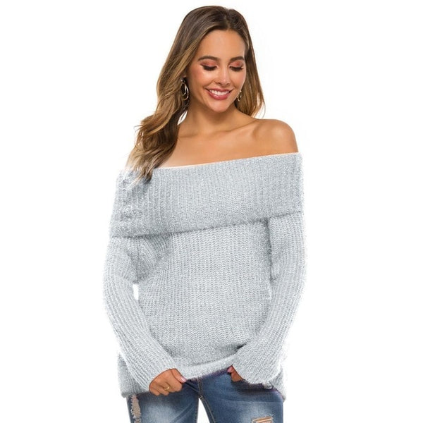 2020 Autumn Winter Thick Sweater Women Knitted Ribbed Pullover Sweater Long Sleeve Sexy Strapless Oblique Collar One Shoulder