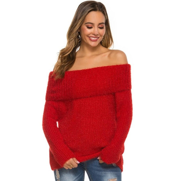 2020 Autumn Winter Thick Sweater Women Knitted Ribbed Pullover Sweater Long Sleeve Sexy Strapless Oblique Collar One Shoulder