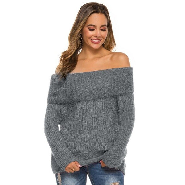2020 Autumn Winter Thick Sweater Women Knitted Ribbed Pullover Sweater Long Sleeve Sexy Strapless Oblique Collar One Shoulder