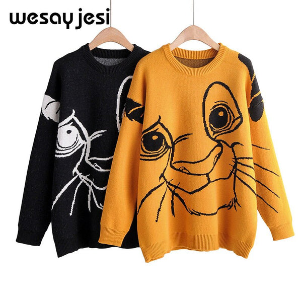Lion King Print Sweater Women 2019 Autumn Winter Causal Streetwear Sweater Long Sleeve O Neck Loose Harajuku Sweater Female Top