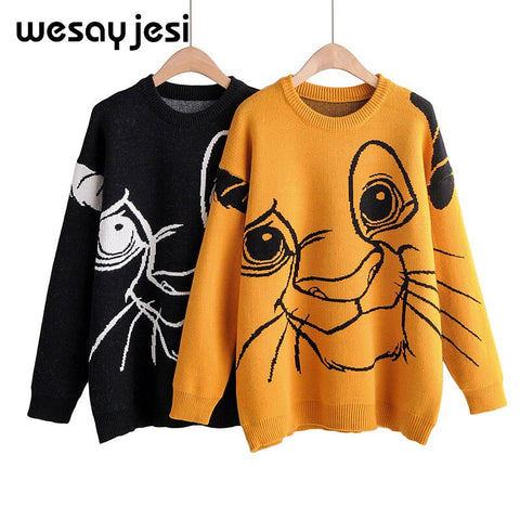 Lion King Print Sweater Women 2019 Autumn Winter Causal Streetwear Sweater Long Sleeve O Neck Loose Harajuku Sweater Female Top