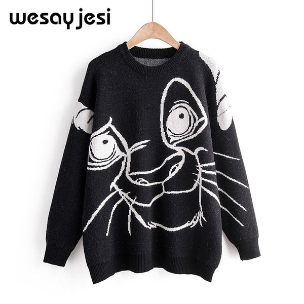 Lion King Print Sweater Women 2019 Autumn Winter Causal Streetwear Sweater Long Sleeve O Neck Loose Harajuku Sweater Female Top