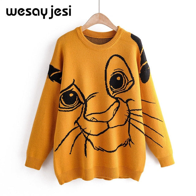Lion King Print Sweater Women 2019 Autumn Winter Causal Streetwear Sweater Long Sleeve O Neck Loose Harajuku Sweater Female Top