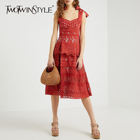 TWOTWINSTYLE Hollow Out Bowknot Dress For Women Spaghetti Sleeveless Square Collar High Waist Dresses Female 2020 Spring New