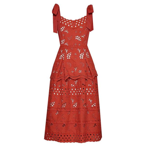 TWOTWINSTYLE Hollow Out Bowknot Dress For Women Spaghetti Sleeveless Square Collar High Waist Dresses Female 2020 Spring New