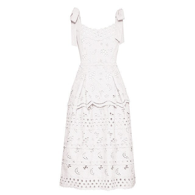 TWOTWINSTYLE Hollow Out Bowknot Dress For Women Spaghetti Sleeveless Square Collar High Waist Dresses Female 2020 Spring New