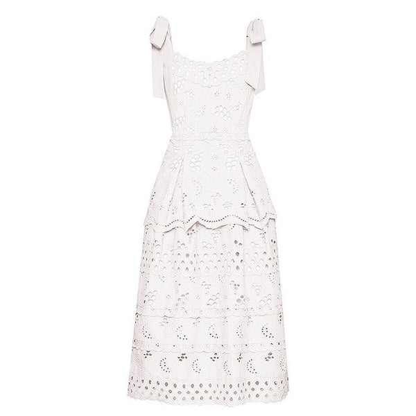 TWOTWINSTYLE Hollow Out Bowknot Dress For Women Spaghetti Sleeveless Square Collar High Waist Dresses Female 2020 Spring New