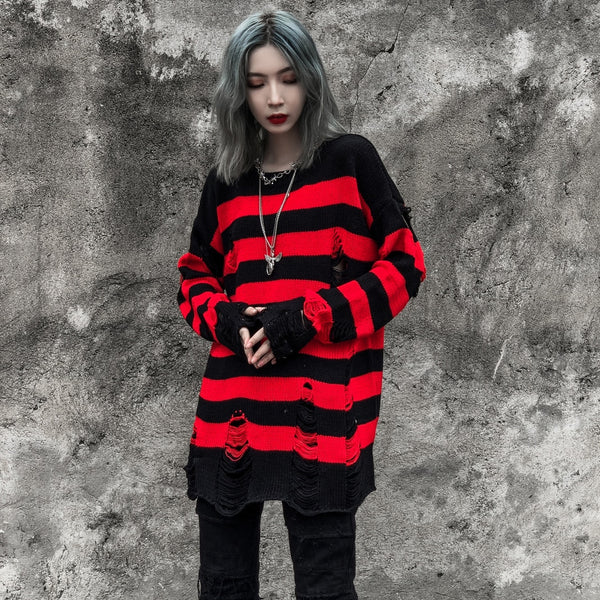 Women's Black Red Striped Pullovers Sweaters Autumn Winter Hole Ripped Sweater Women Fashion Oversized Jumpers All-match Clothes