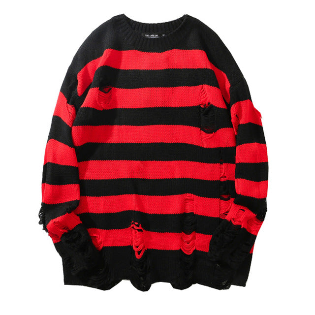 Women's Black Red Striped Pullovers Sweaters Autumn Winter Hole Ripped Sweater Women Fashion Oversized Jumpers All-match Clothes