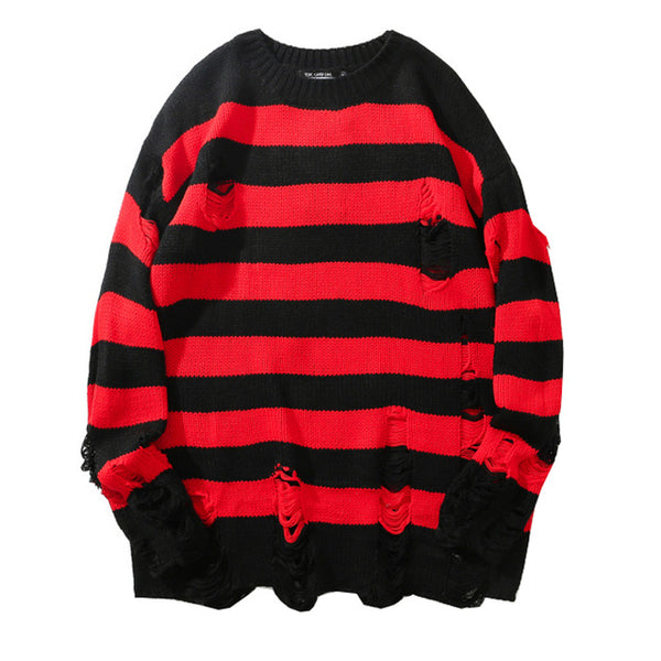 Women's Black Red Striped Pullovers Sweaters Autumn Winter Hole Ripped Sweater Women Fashion Oversized Jumpers All-match Clothes