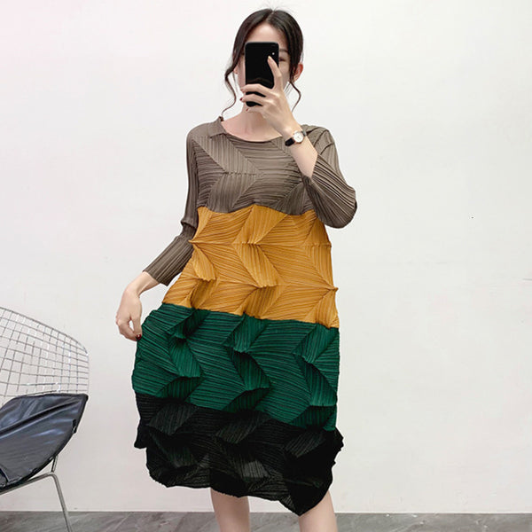 LANMREM 2020 Diamond Pleated Dress Autumn And Winter New Round Neck Contrast Color Seven-point Sleeve Long Dress Female PC104