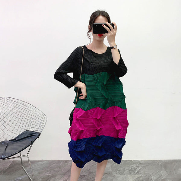 LANMREM 2020 Diamond Pleated Dress Autumn And Winter New Round Neck Contrast Color Seven-point Sleeve Long Dress Female PC104