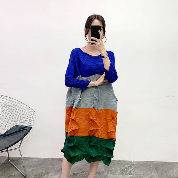 LANMREM 2020 Diamond Pleated Dress Autumn And Winter New Round Neck Contrast Color Seven-point Sleeve Long Dress Female PC104