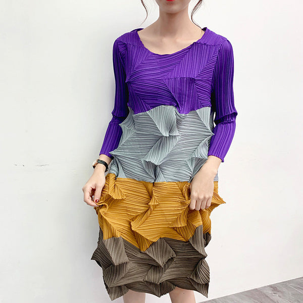 LANMREM 2020 Diamond Pleated Dress Autumn And Winter New Round Neck Contrast Color Seven-point Sleeve Long Dress Female PC104