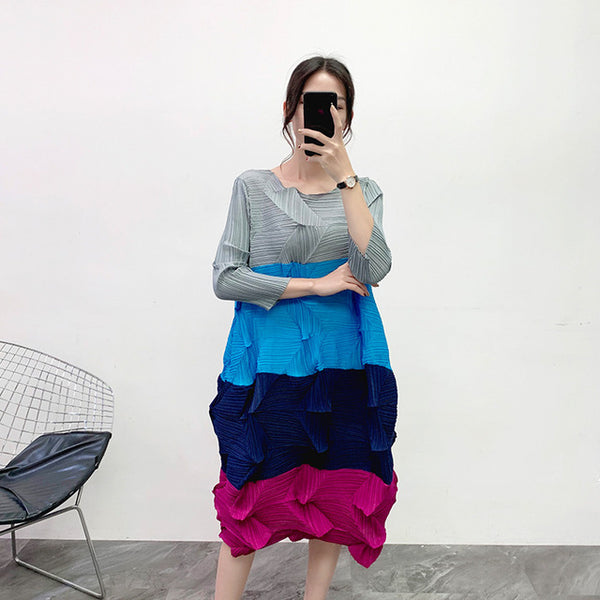 LANMREM 2020 Diamond Pleated Dress Autumn And Winter New Round Neck Contrast Color Seven-point Sleeve Long Dress Female PC104