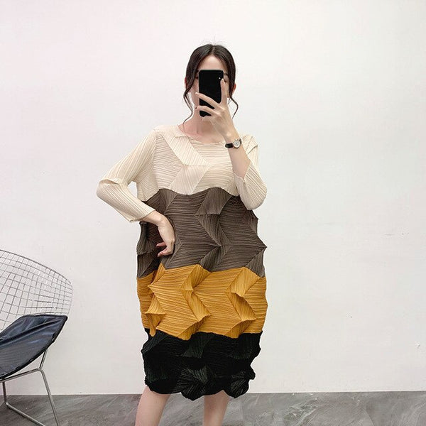 LANMREM 2020 Diamond Pleated Dress Autumn And Winter New Round Neck Contrast Color Seven-point Sleeve Long Dress Female PC104