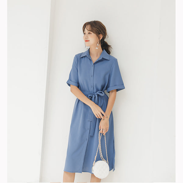 2019 summer new long chiffon shirt dress female popular waist slimming temperament A313