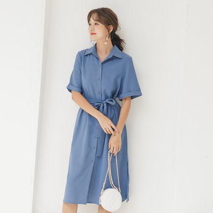2019 summer new long chiffon shirt dress female popular waist slimming temperament A313