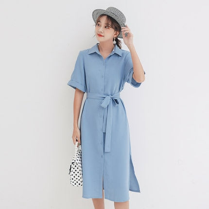 2019 summer new long chiffon shirt dress female popular waist slimming temperament A313