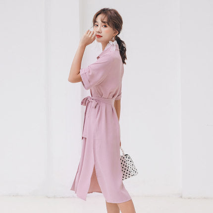 2019 summer new long chiffon shirt dress female popular waist slimming temperament A313