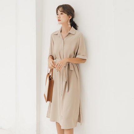 2019 summer new long chiffon shirt dress female popular waist slimming temperament A313